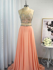 Dress Outfit, A-line Scoop Beading Sweep Train Chiffon Dress