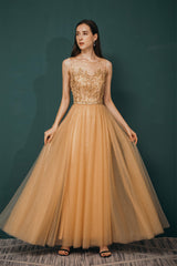 Formal Dress Prom, A-Line Scoop Neckline Sheer Appliques Beaded Ankle Length Prom Dresses