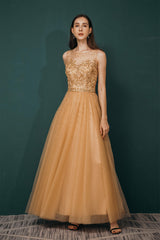 Formal Dresses Long Elegant, A-Line Scoop Neckline Sheer Appliques Beaded Ankle Length Prom Dresses