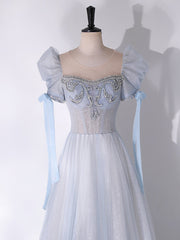 A-Line Scoop Neckline Tulle Light Blue Long Prom Dress with Beads