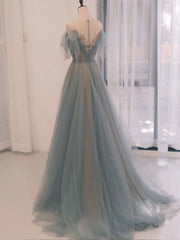 A-Line Scoop Neckline Tulle Long Prom Dress with Sequin