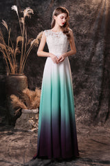 Party Dress Wedding, A Line Sleeveless Appliques Ombre Silk Like Satin Floor Length Prom Dresses