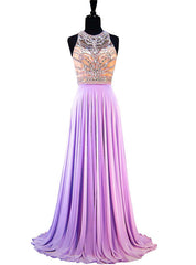 A-line Sleeveless Beaded Crystals Backless Lilac Chiffon Prom Dress