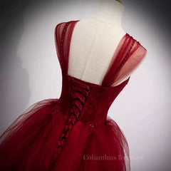 Party Dress Europe, A Line Spaghetti Straps Beaded Burgundy Tulle Long Prom Dresses, Long Burgundy Formal Evening Dresses