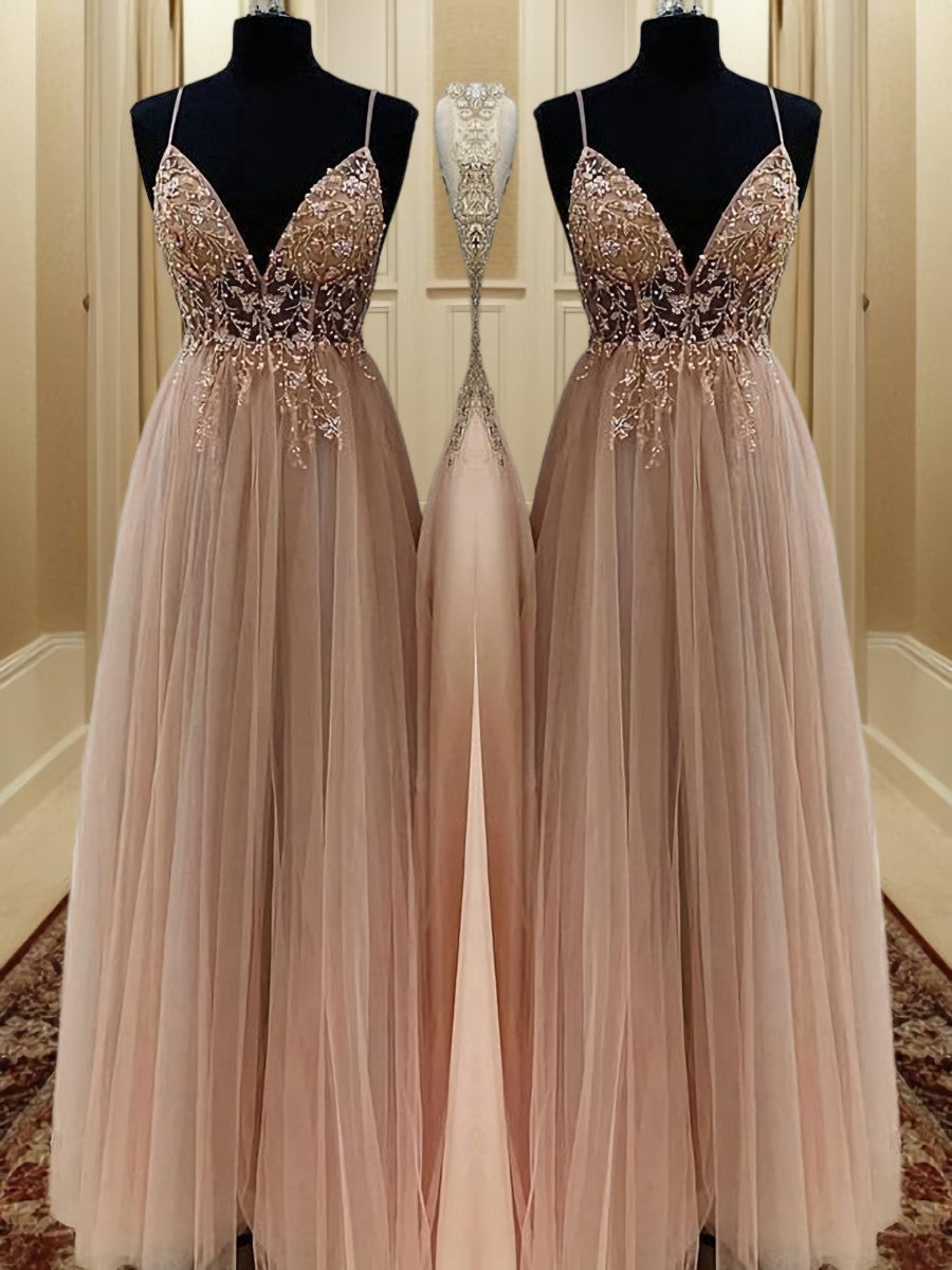 Prom Dress Yellow, A-line Spaghetti Straps Beading Floor-Length Tulle Dress