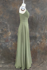 A Line Spaghetti Straps Chiffon Long Bridesmaid Dress with Slit Backless