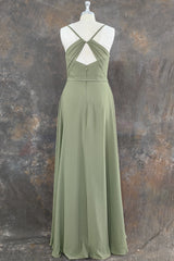 A Line Spaghetti Straps Chiffon Long Bridesmaid Dress with Slit Backless