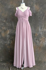 A Line Spaghetti Straps Pleated Chiffon Vintage Mauve Bridesmaid Dress with Slit