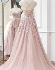 A-line Spaghetti Straps Tulle Prom Dress with Appliques