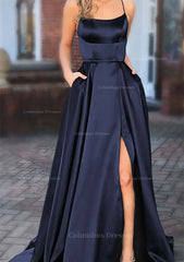 Dress Formal, A-line Square Neckline Spaghetti Straps Sweep Train Charmeuse Prom Dress With Pockets Split