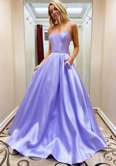 Dress Casual, A-line Square Neckline Spaghetti Straps Sweep Train Satin Prom Dress With Beading Pockets