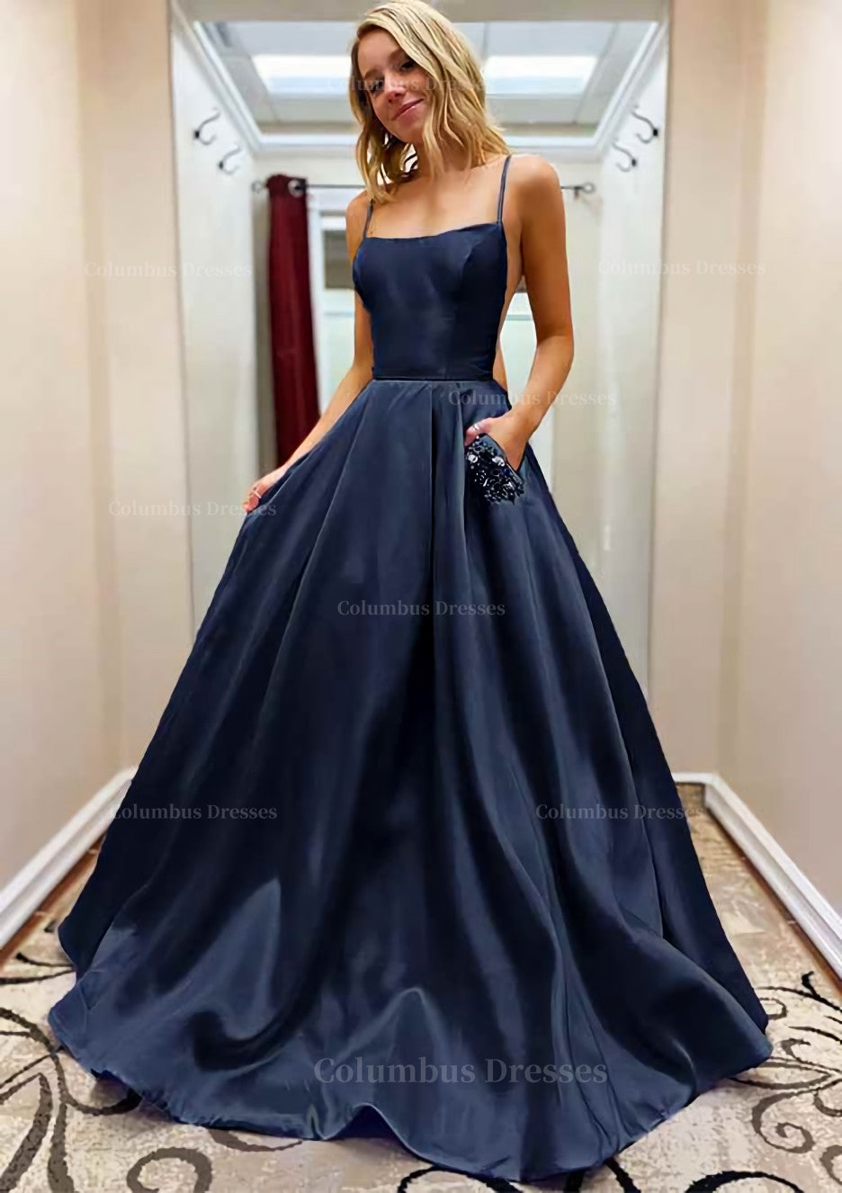 Modest Dress, A-line Square Neckline Spaghetti Straps Sweep Train Satin Prom Dress With Beading Pockets