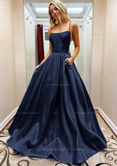 Modest Dress, A-line Square Neckline Spaghetti Straps Sweep Train Satin Prom Dress With Beading Pockets