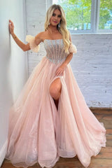 A Line Strapless Blush Corset Organza Prom Dress