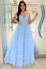 A-line Strapless Multi-Layers Tulle Prom Dress with Slit