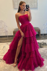 A-Line Strapless Tulle Long Prom Dress with Tiered Ruffles