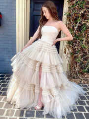 A-Line Strapless Tulle Long Prom Dress with Tiered Ruffles