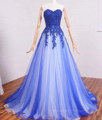 Homecoming Dresses Long, A Line Sweetheart Neck Lace Tulle Blue Long Prom Dresses, Blue Formal Dresses, Blue Lace Evening Dresses