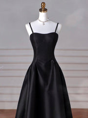 A-Line Sweetheart Neck Satin Black Long Prom Dress, Black Long Formal Dress