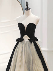 A-Line Sweetheart Neck Satin Velvet Champagne Long Prom Dress, Champagne Long Evening Dress