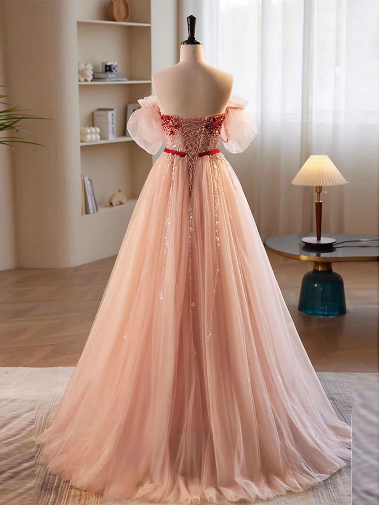 Bow Dress, A-Line Sweetheart Neck Sequin Tulle Pink Long Prom Dress, Pink Formal Dress