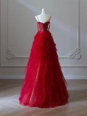 A-Line Sweetheart Neck Tulle Beads Burgundy Long Prom Dress, Burgundy Evening Dress