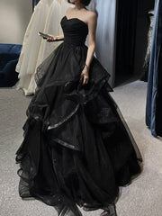 A-Line Sweetheart Neck Tulle Black Long Prom Dress, Black Long Formal Dress