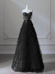 A-Line Sweetheart Neck Tulle Black Long Prom Dress, Black Long Graduation Dress with Beads