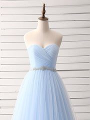 A-Line Sweetheart Neck Tulle Blue Long Prom Dress, Blue Long Bridesmaid Dress