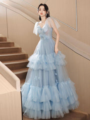 A-Line Sweetheart Neck Tulle Blue Long Prom Dress, Blue Long Formal Dress