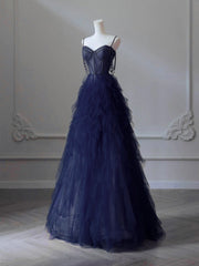 A-Line Sweetheart Neck Tulle Dark Blue Long Prom Dress, Dark Blue Long Graduation Dress with Beads