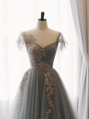 A-Line Sweetheart Neck Tulle Lace Gray Blue Long Prom Dress, Gray Blue Formal Dress