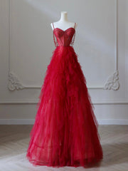 A-Line Sweetheart Neck Tulle Red Long Prom Dress, Red Long Graduation Dress with Beads