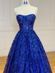 A-Line Sweetheart Neck Tulle Sequin Blue Long Prom Dress, Blue Long Formal Dress