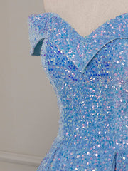 Evening Dress Stores, A-Line Sweetheart Neck Velvet Sequin Blue Long Prom Dress, Blue Formal Dress