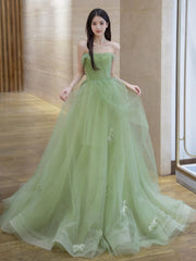 A-Line Tulle Green Long Prom Dress, Green Long Formal Dress