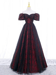 A-Line Tulle Lace Burgundy Long Prom Dress, Burgundy Long Formal Dress