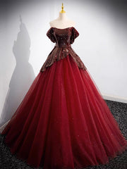 A-Line Tulle Sequin Burgundy Long Prom Dress, Off Shoulder Burgundy Formal Dress