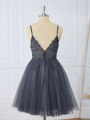 Prom Dress Long Quinceanera Dresses Tulle Formal Evening Gowns, A-line Tulle V-neck Beading Short/Mini Dress