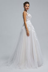 Wedding Dresses Dress, A-Line Tulle V-Neck Lace Beaded Flower Wedding Dresses