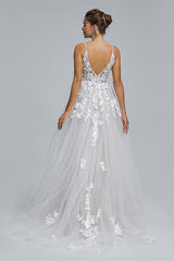 Wedding Dresses A Line, A-Line Tulle V-Neck Lace Beaded Flower Wedding Dresses