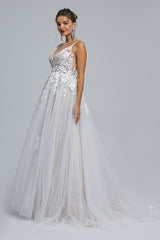 Wedding Dresses Bride, A-Line Tulle V-Neck Lace Beaded Flower Wedding Dresses