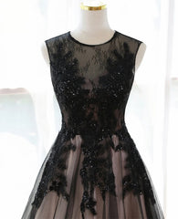 A-line Tulle with Lace Round Neckline Floor Length Party Dress, Black Prom Dress