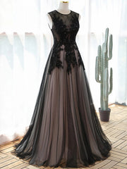 A-line Tulle with Lace Round Neckline Floor Length Party Dress, Black Prom Dress