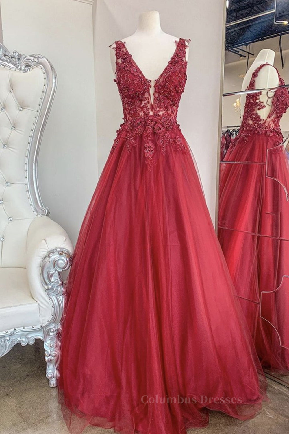 Autumn Wedding, A Line V Neck and V Back Red Lace Floral Long Prom Dress, Open Back 3D Flowers Red Lace Formal Evening Dress