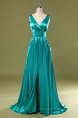 Evening Dresses Short, A Line V Neck and V Back Turquoise Long Prom Dress with Slit, Turquoise Formal Graduation Evening Dress