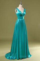 Evening Dresses Elegant, A Line V Neck and V Back Turquoise Long Prom Dress with Slit, Turquoise Formal Graduation Evening Dress