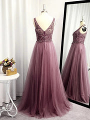 Graduation Outfit Ideas, A-line V-neck Appliques Lace Floor-Length Tulle Dress