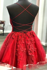 Party Dress Outfit Ideas, A Line V Neck Backless Lace Red Short Prom Dress Homecoming Dress, Backless Red Lace Formal Graduation Evening Dress