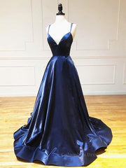 Prom Dresses For Warm Weather, A Line V Neck Backless Navy Blue Prom Dresses, Open Back Navy Blue Formal Evening Dresses